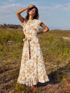 Christy Dawn Quinn Dress in Crepe Floral Size Small Cream Off White Maxi Dress